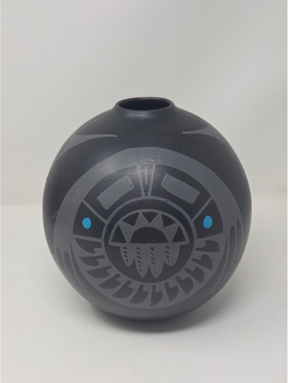 J. Gonzalez Mexico Hand Painted Pottery Vase Black Geometric Decor 8 Inch